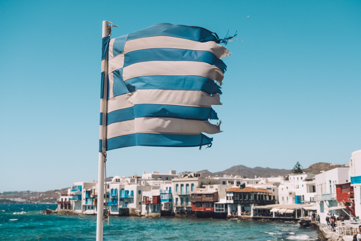 Mykonos Little Venice Greek Flag