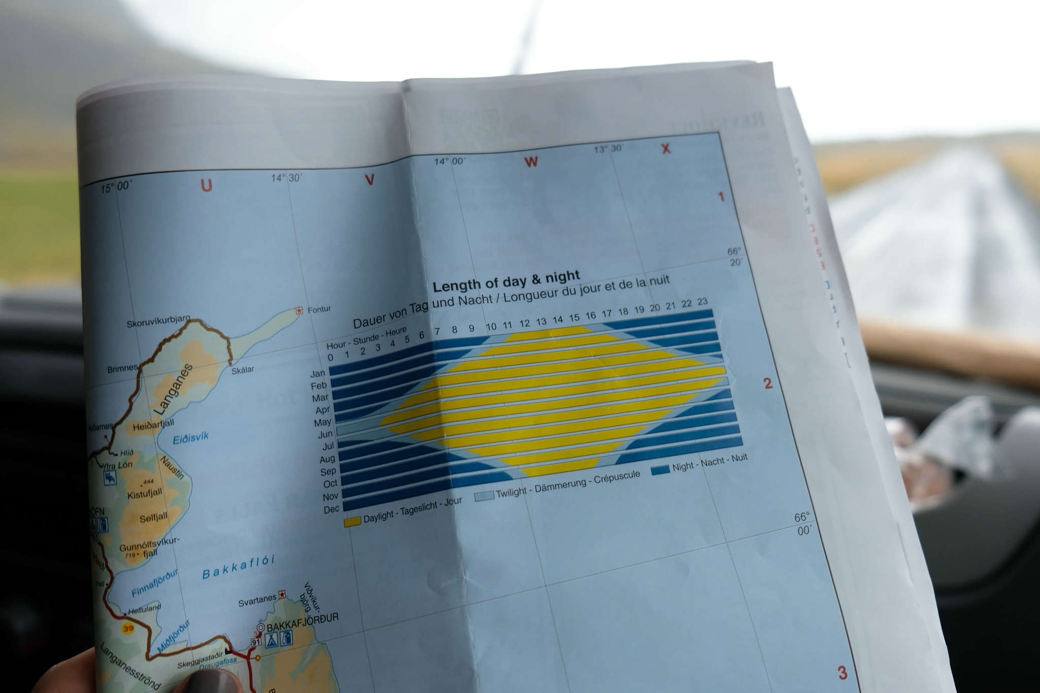 Tabla de duración de la luz en un día en Islandia