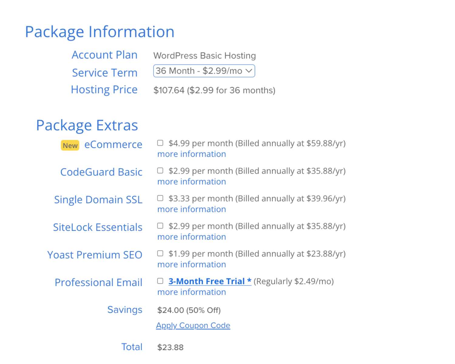 bluehost extras and packages