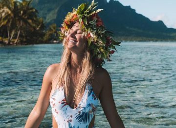 printed swim suit blonde girl