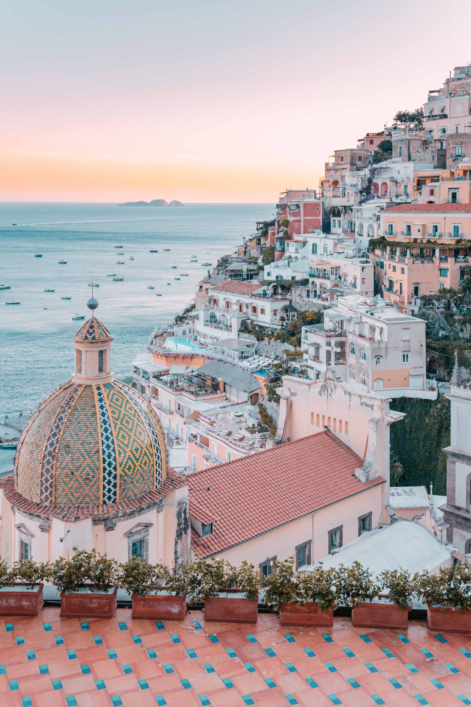 Positano at sunset, Amalfi Coast, Campania, Italy.